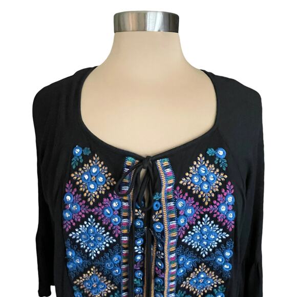 Catina Black Tunic Blouse Blue Geometric Embroidery Tassel Tie Ruffled MED Boho - Picture 2 of 10